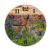 Texas Bluebonnets Print Round Wall Clocks Battery-Powered Decorative Farmhouse Wall Clock 10 Inch Silent Non-Ticking Wall Clocks for Living Room Bedroom Kitchen Office Home Decor