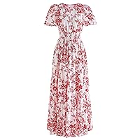 CHICWISH Women Short Bubble Sleeves Cotton Maxi Dress Flower Printed V Neck Elastic Waist Casual Red Long Summer Dresses