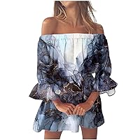Off The Shoulder Dresses for Women Fashion 2023 Summer Ruffle Floral Elastic Waist Mini Dress Sundress Sexy