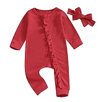 MoZiKQin Newborn Baby Girl Ruffle Romper Knit Sweater Onesie Jumpsuit Long Sleeve Zipper Onesie Solid Fall Winter Outfits