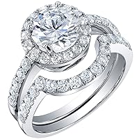 PEORA Moissanite Classic Halo Engagement Ring and Wedding Band Bridal Set in Sterling Silver, 1.50 Carat Center, DE Color, VVS Clarity, Sizes 4 to 10
