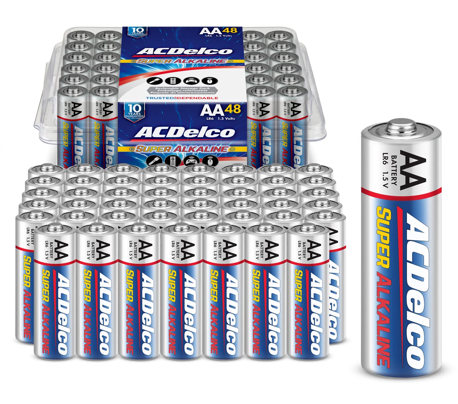 ACDelco 48-Count AA Batteries, Maximum Power Super Alkaline Battery, 10-Year Shelf Life, Recloseable Packaging Blue