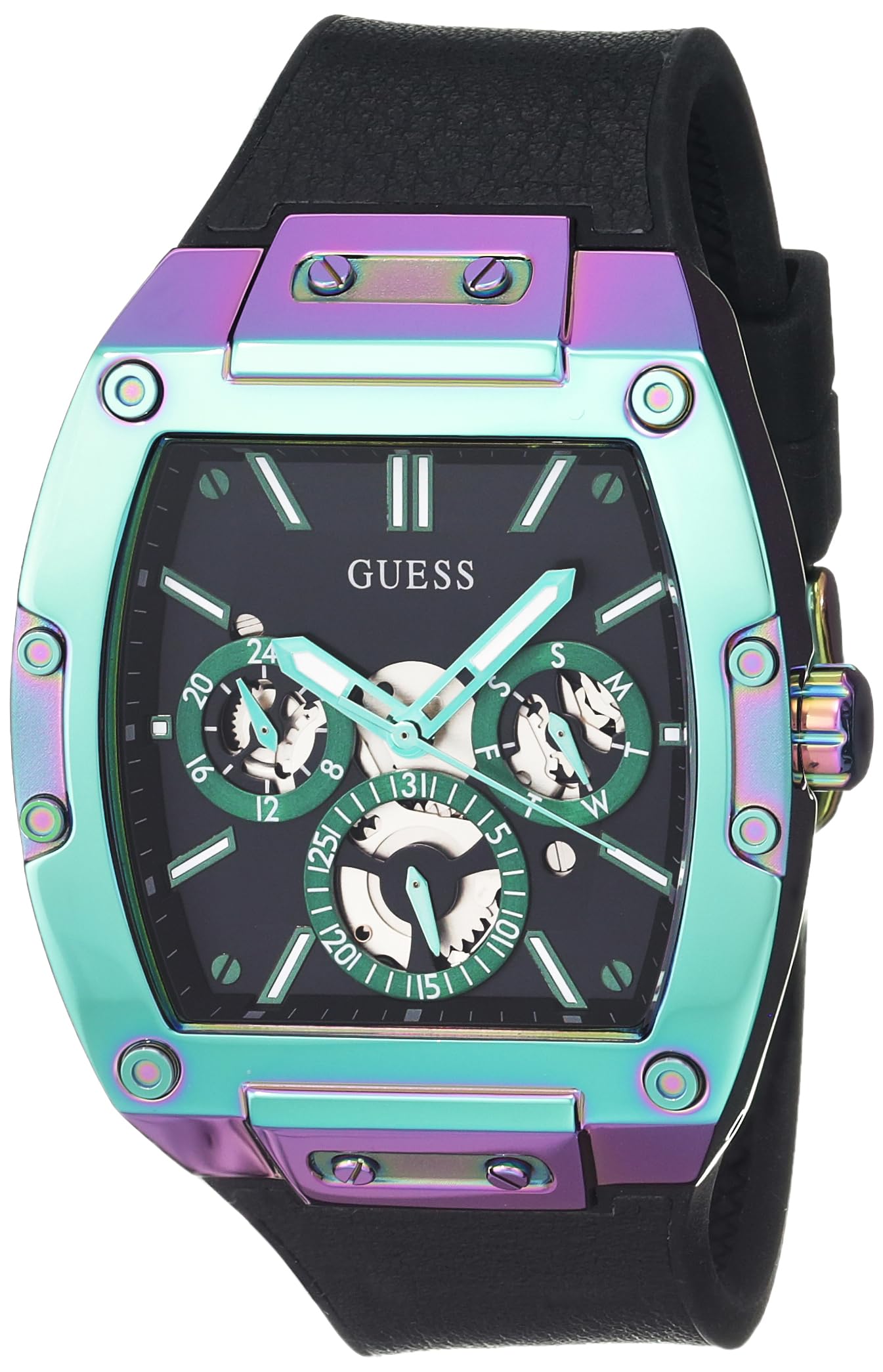 GUESS Iridescent and Black Silicone Multifunction Watch