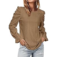 Womens Long Sleeve Shirts V Neck Pack Puff Sleeve Tops for Women Crewneck Eyelet Tunic Shirts Fall Clothes WOM