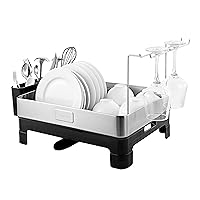 happimess DSH1003A Simple 20.5' Fingerprint-Proof Stainless Steel Dish Drying Rack, Dish Rack with Swivel Spout Tray and Wine Glass Holder, Utensil Holder, Stainless Steel/White, Silver/Black