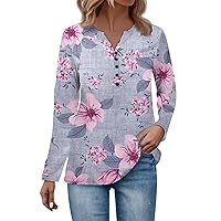 Womens Long Sleeve Tops Button V-Neck Trendy Shirts Floral Print Blouse Basic Sweaters for Women Fall Sweaters