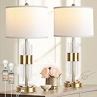 Bedside Table Gold Lamp for Living Room with USB Ports, Set of 2 with Touch Control, Modern Nightstand White Drum Lamp Shade Bedrooms Home Office Light Decor (2700K LED Bulb Included)