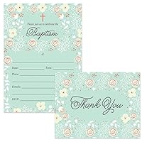 Baby Baptism Invitations & Matched Thank You Cards Set ( 25 of Each ) with Envelopes Beautiful Mint Floral Design Fill-In-Style Invites & Folded Thank You Notes Church Christening Excellent Value Pair
