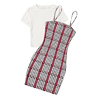 Women's 2 Piece Outfit Short Sleeve Tee Top and Plaid Mini Cami Dress
