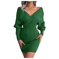 Women's Fall Dresses Fashion Sexy Cross V Neck Skirt with Hip Wrap Dress Wool, S-L