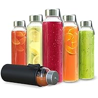 Chef's Star 18 Oz Clear Glass Water Bottles, Reusable Glass Juicing Bottles with Protection Sleeve and Stainless Steel Leak Proof Lids, Set of 6