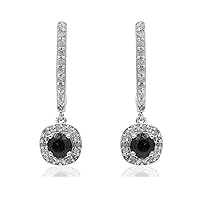 Ornaatis 1.52 Carat (Cttw) Round Shape White and Black Natural Diamond Halo Hoop Drop Dangle Earrings 10k Solid White Gold