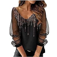 Women's V Neck Shiny Sequins Sheer Mesh Puff Long Sleeve Tee Tops Fashion Sparkly Blouse Ladies Party Shirts