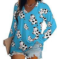 Cute Cow Women's Long Sleeve Shirts Athletic Workout T-Shirts V Neck Sweatshirts Casual Tops