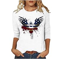 4Th of July Tops for Women US Flag Print 3/4 Sleeve Shirts Patriotic Independence Day T Shirt USA Star Stripes Tees