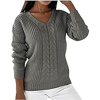 Women Chunky Knit Sweater V Neck Cable Jumper Casual Long Sleeve Pullover Tops Fall Winter Trendy Knitted Blouse