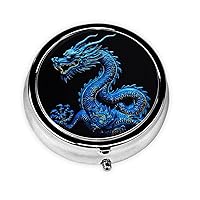 Pill Box 3 Compartment Round Small Pill Case Travel Pillbox for Purse Pocket Blue Chinese Dragon Metal Medicine Organizer Portable Pill Container Holder to Hold Vitamins Medication Supplements