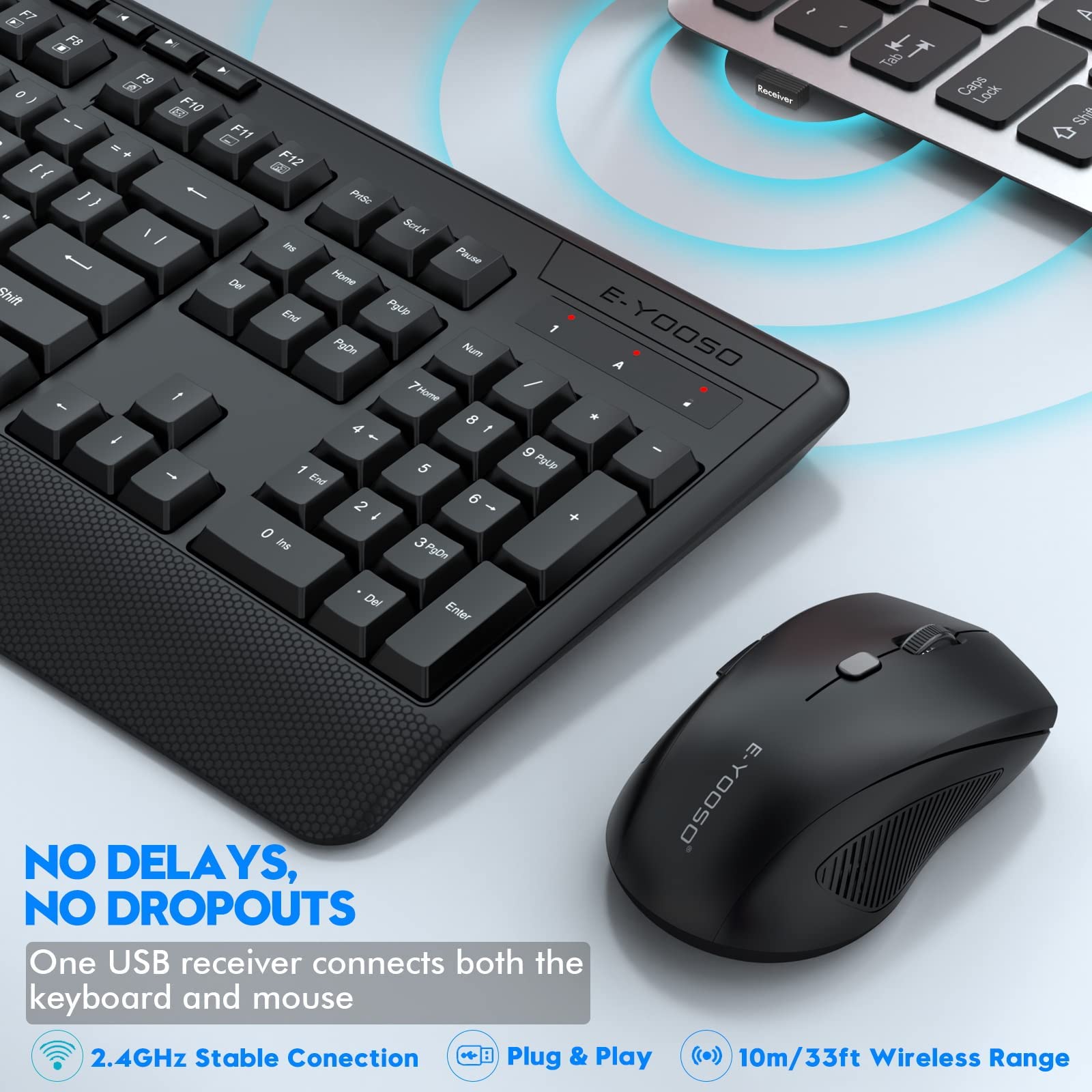 Wireless Keyboard and Mouse Combo, E-YOOSO 2.4GHz Full-Sized Ergonomic Wireless Keyboard with Wrist Rest, 3 DPI Adjustable and 6 Buttons Cordless USB Mouse for Computer, Laptop, PC, Windows, Mac