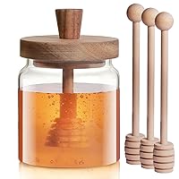 Glass Honey Dispenser No Drip with 3 Wooden Dippers, 18 Oz Oversize Glass Honey Jar with Lid and Engraved Wooden Honey Trowel, Honey Dispenser No Drip Thank You Gift