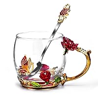 Glass Coffee Enamels Mug Best Birthday Gifts for Mom Women Butterfly Rose Lead-Free Stocking Stuffers for Women Red Tea Cup with Spoon Christmas Set Gifts for Women Her Mothers Valentines Day 11.3oz