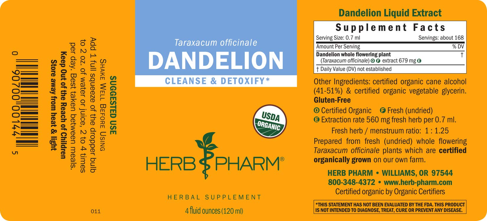 Herb Pharm Certified Organic Dandelion Liquid Extract for Cleansing and Detoxification, Organic Cane Alcohol, 4 Ounce