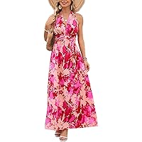 Kormei Women's Boho Floral Strap V Neck Halter Sleeveless A line Plain Smocked Summer Beach Party Maxi Long Dress