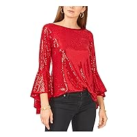 Vince Camuto Womens Red Metallic Textured Curved Hem Flutter Sleeve Boat Neck Evening Top XS