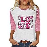 Spring Tops for Women Trendy 2024 Women's Valentine's Day Love Letters Printed Round Neck Three Quarter Sleeve
