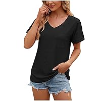 2024 Women's Eyelet Top Summer Breathable V Neck Short Sleeve Shirts Dressy Casual Loose Fit Basic Tees with Pocket