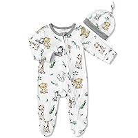 Baby Boy Clothes, Cute One-piece Pattern Printed Zipper Footie Romper and Cap 2Pcs Jumpsuit Baby Boy Outfits