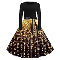 Denim Dress Plus Size,Women Bingbing Print Long Sleeve Crew Neck 1950s Housewife Evening Party Prom Dress Tummy
