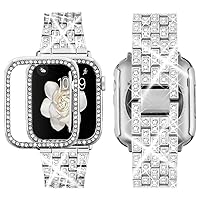 Supoix Compatible with Apple Watch Band 38mm 40mm 41mm 42mm 44mm 45mm 49mm+ Case, Women Jewelry Bling Diamond Rhinestone Replacement Metal Strap& 2 Pack PC Protector Case for iWatch Ultra 2/ Ultra Series 9/8/7/6/5/4/3/2/1/SE