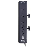 Plugable 6 AC Outlet Surge Protector with Clamp Mount for Workbench or Desk. Built-in 10.5W 2-Port USB Power for Android, Apple iOS, and Windows Mobile Devices