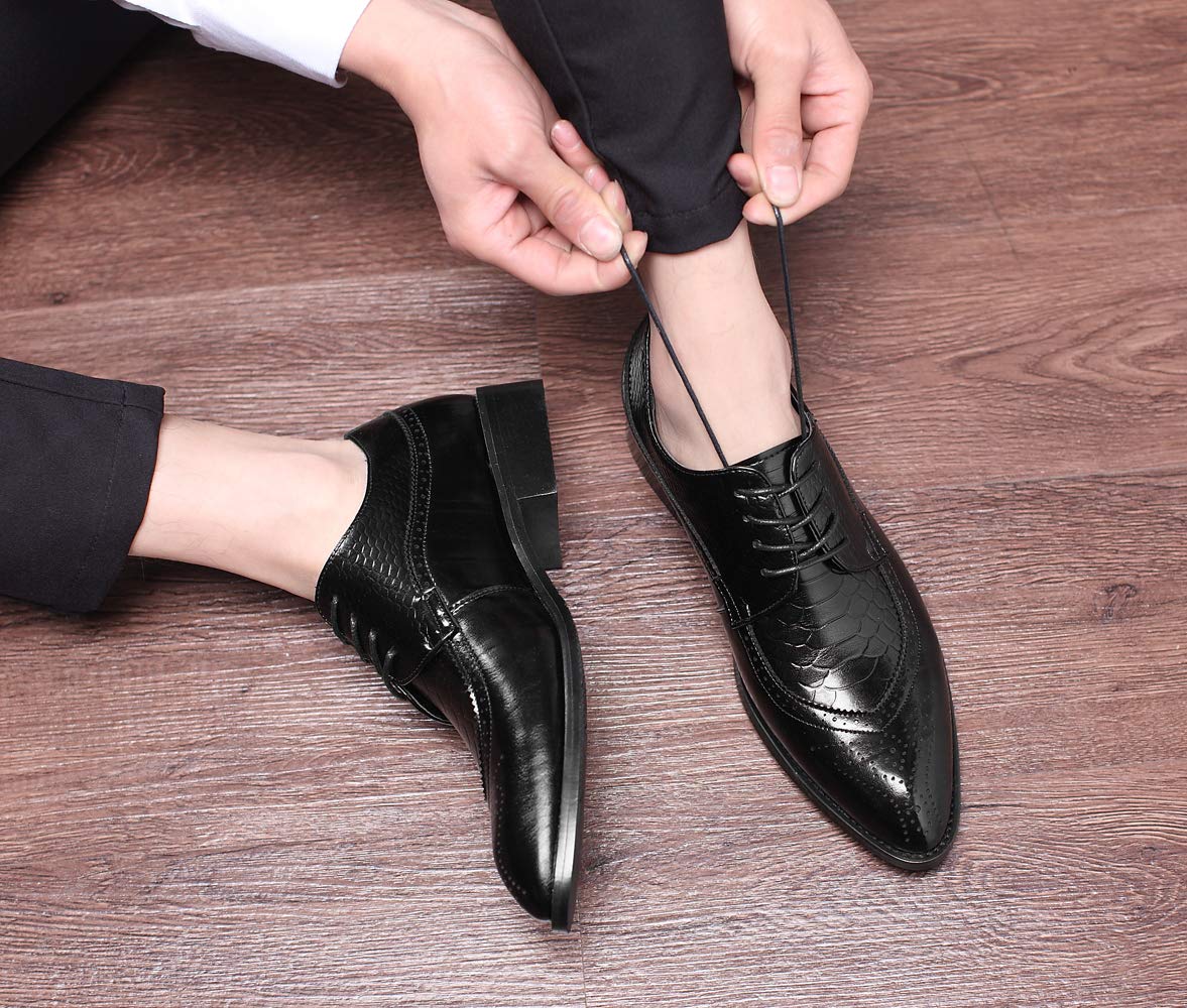 Oxford Shoes Men Brogue Pointed Toe Wingtip Lace-up Leather Formal Dress Shoes Black Tan Red