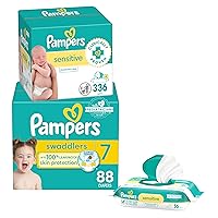 Pampers Swaddlers Disposable Baby Diapers Size 7, One Month Supply (88 Count) with Sensitive Water Based Baby Wipes 6X Pop-Top Packs (336 Count) [Packaging May Vary]