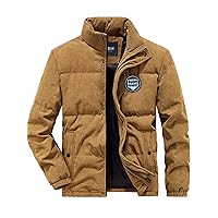 Jackets for Men - Men Letter Patched Detail Zipper Corduroy Puffer Coat (Color : Camel, Size : Medium)