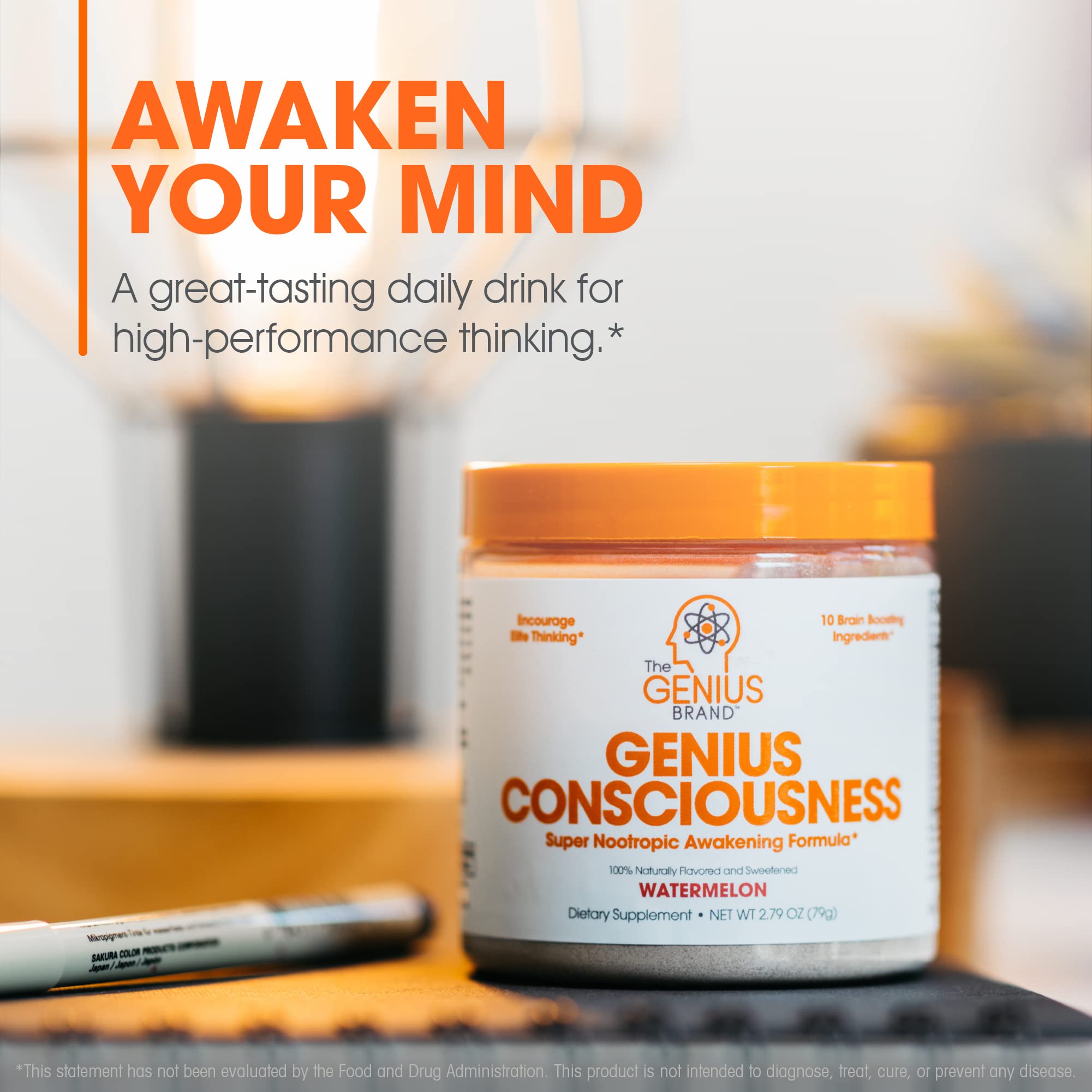 Genius Consciousness, Super Nootropic Brain Supplement Powder, Watermelon - Boost Focus, Cognitive Function, Concentration & Memory Booster - Alpha GPC & Lions Mane Mushroom for Neuro Energy & IQ