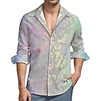 Holographic Ink Bleed Men's Button Down T Shirts Long Sleeve Casual Hawaiian Shirt Pocket Print Top
