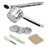 Potato Ricer with 3 Interchangeable Discs by FETIONS, Stainless Steel Fruits Vegetables Noodles Masher and Press Kitchen Tool & 3 in-1 Peeler Gadget in cotton bag