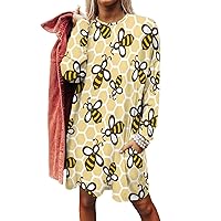 Yellow Bee and Honeycomb Women's Long Sleeve T-Shirt Dress Casual Tunic Tops Loose Fit Crewneck Sweatshirts with Pockets