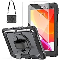 New iPad 9th/8th/7th Generation Case 2021/2020/2019 10.2 Inch with Tempered Glass Screen Protector & Pencil Holder | Rugged Protective Kids iPad 10.2 Case Cover w/Stand Hand Shoulder Strap |Black
