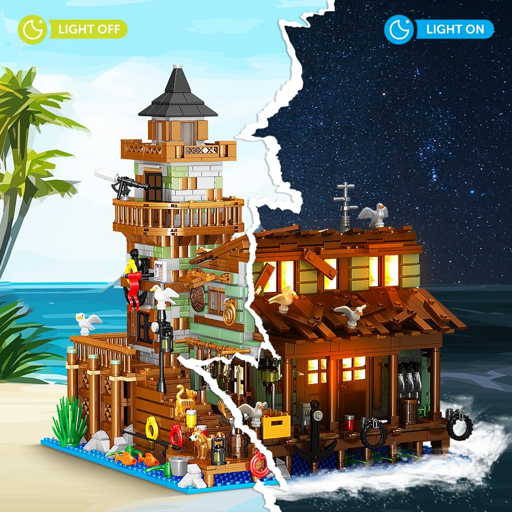 INSOON Fishing Village Store House Building Set with LED Light, 1845 PCS Wood Cabin Mini Building Block, Creative Architecture STEM Toys Kit, Birthday Gift for Adults Kids Boys Girls Ages 8-12+ Years