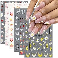 6Pcs Spring Flower Nail Art Stickers 3D Self-Adhesive Flowers Daisy Butterfly Hibiscus Heart Strawberry Nail Sticker with French Nail Design Nail Supplies Floral Nail Decals DIY Nails for Women