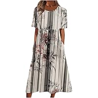 Summer Dresses for Women Floral Print Loose Sundresses Short Sleeves Round Neck Beach Dress Casual Maxi Dress with