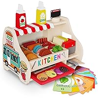 Victostar Wooden Play Food Set (58 pcs) Slice & Stack Sandwich Counter, Pretend Play Store Food Toys, Burger Shop Toys for Boys and Girls
