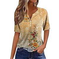 Short Sleeve Tops for Women,Womens Tops V Neck Henley Button Sequin Floral Print Y2K Tee Shirts Fashion Button Down Boho Hawaiian Blouse Womens Cotton Tops