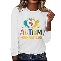 Women Funny Puzzle Love Heart Graphic Tee Tops Autism Awareness Letter T-Shirt Long Sleeve Crewneck Gift Blouse