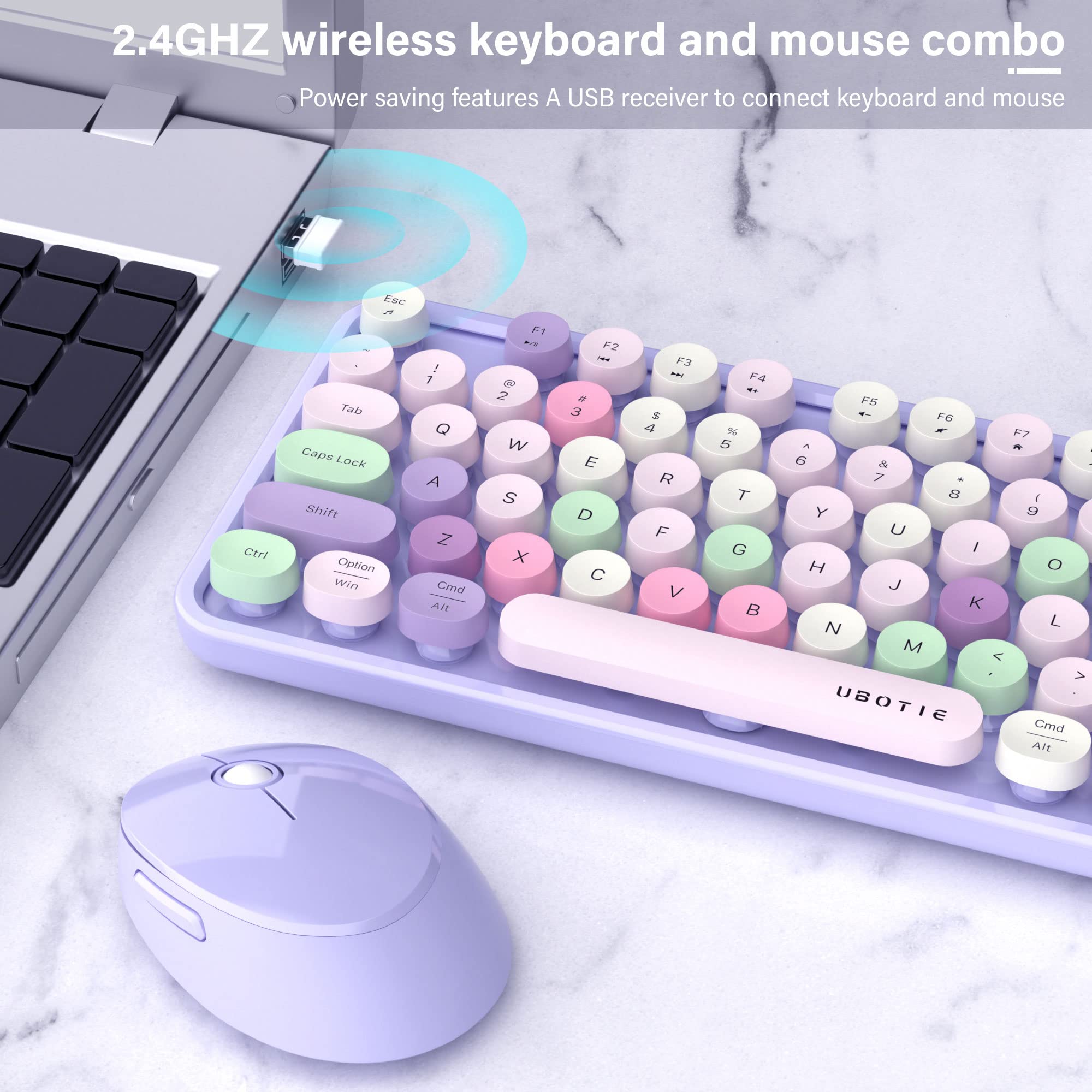 UBOTIE Colorful Computer Wireless Keyboard Mouse Combos, Typewriter Flexible Keys Office Full-Sized Keyboard, 2.4GHz Dropout-Free Connection and Optical Mouse (Purple-Colorful)