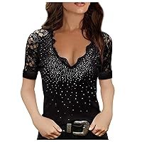 Sexy Tops for Women V Neck Lace Trim Dressy T-Shirts Hollow Sequins Short Sleeve Tee Top Printed Casual Summer Blouses
