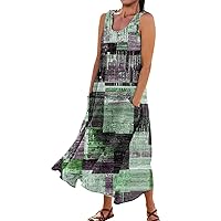 Womens Sundresses for Beach Vacation Vintage Dress for Women Fashion Print Casual Loose Flowy Beach Dresses Sleeveless U Neck Linen Dress with Pockets Green X-Large